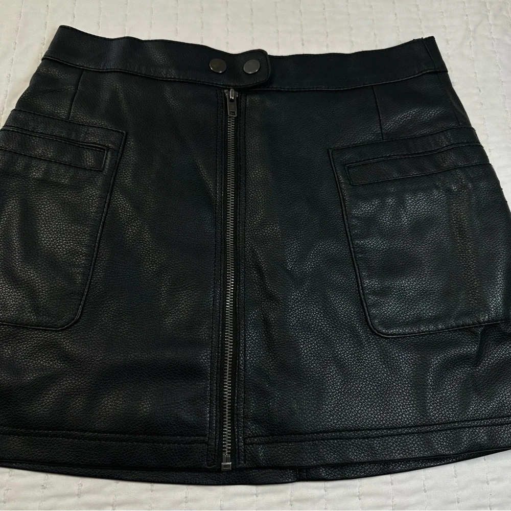 Free People Vegan Leather Black A-Line Zip Front Mini Skirt